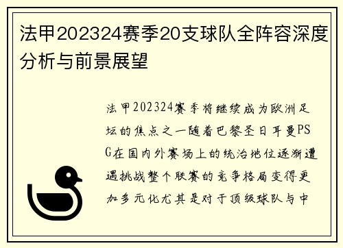 法甲202324赛季20支球队全阵容深度分析与前景展望