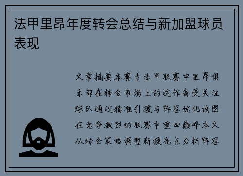 法甲里昂年度转会总结与新加盟球员表现