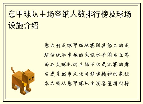 意甲球队主场容纳人数排行榜及球场设施介绍
